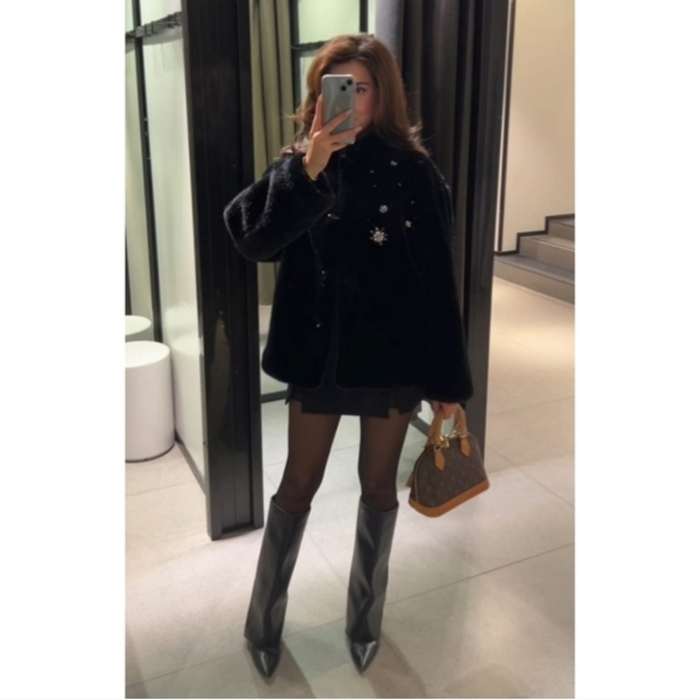 Zara Coat Jewel Faux Fur Black NWT - Picture 5 of 12